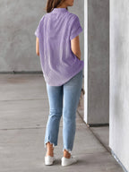Oversized Short Sleeve Striped Button-Up Blous