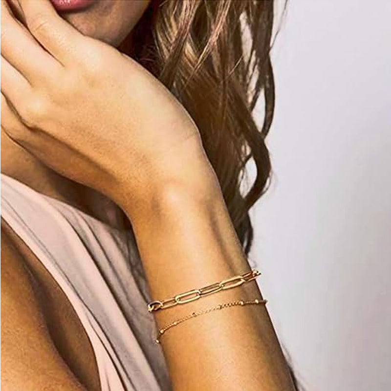 Dainty 14K Gold Filled Layered Paperclip Chain Bracelet Set