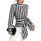 Vintage Scarf-Neck Striped Blouse with Waist Tie