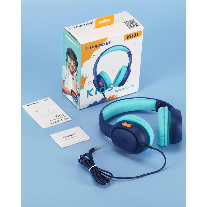 KH01 Blue Headphones for /Teens - Safe Volume Limit (85/93dB), HD Stereo Sound, Foldable Over-Ear Headphones with 3.5mm Plug & Wireless Charging, Compatible with iPad/Kindle/Tablets, Lightweight Durable Plastic Build, Ideal f