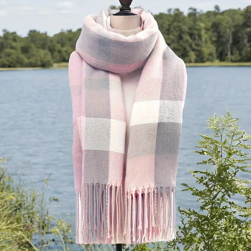 Unisex Pastel Plaid Tassel Shawl Scarf