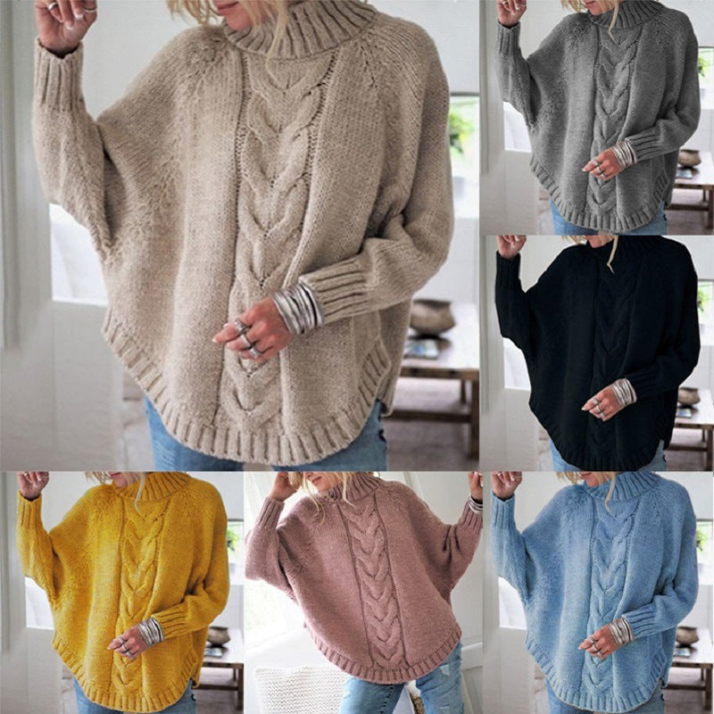 High-Collar Cable Knit Batwing Sweater