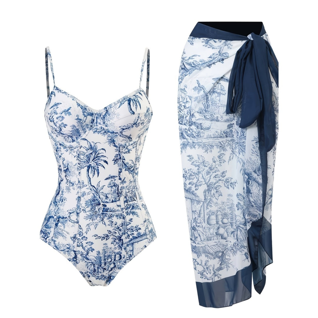 Toile de Jouy Swimsuit & Sarong Set