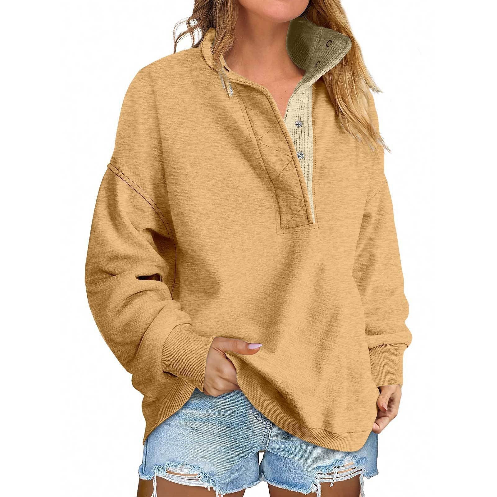 Floral Accent Buttoned Stand-Collar Pullover