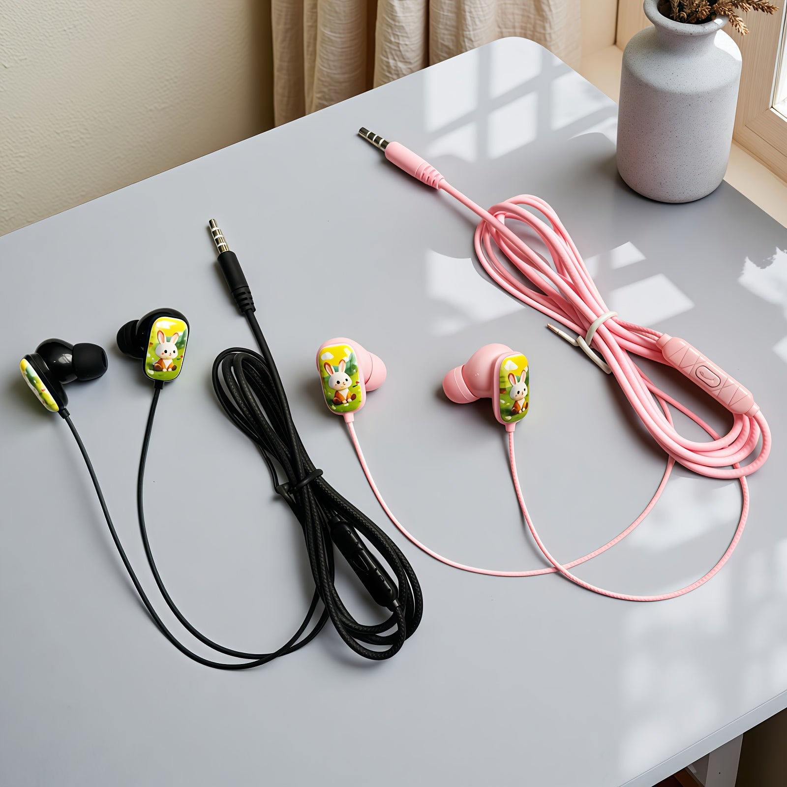 2D Flat Printing Cute Bunny Wired Headset,semi-in-ear Music Headphones, Student Headphones,Lightweight Cartoon Noise-canceling Headphones, HD Microphone, Stereo Sound Quality,Suitable for Birthday and Party Gifts.Compatible w