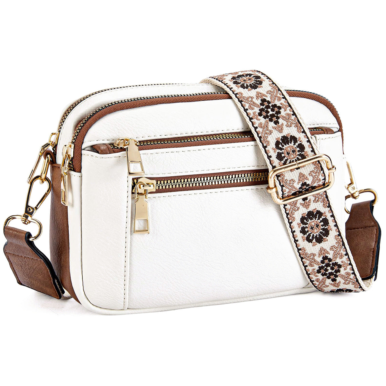 Triple-Zipper Colorblock Crossbody Bag with Floral Embroidered Strap