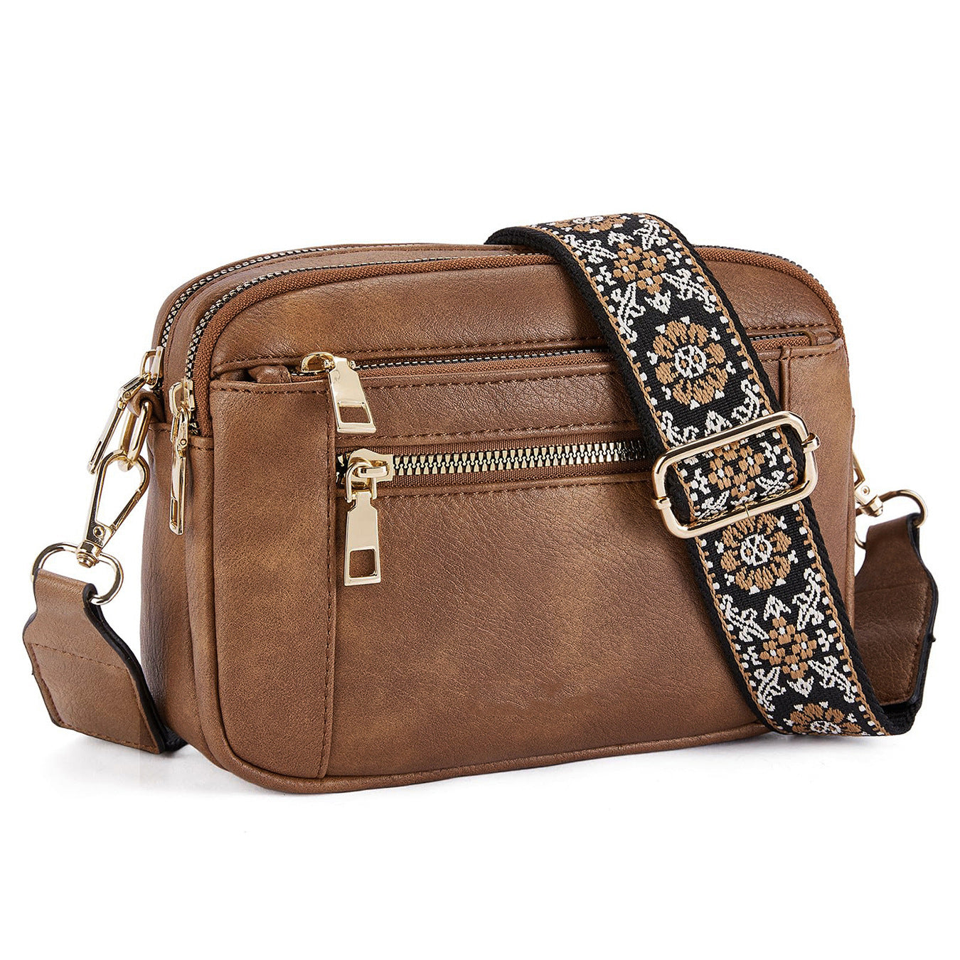 Triple-Zipper Colorblock Crossbody Bag with Floral Embroidered Strap