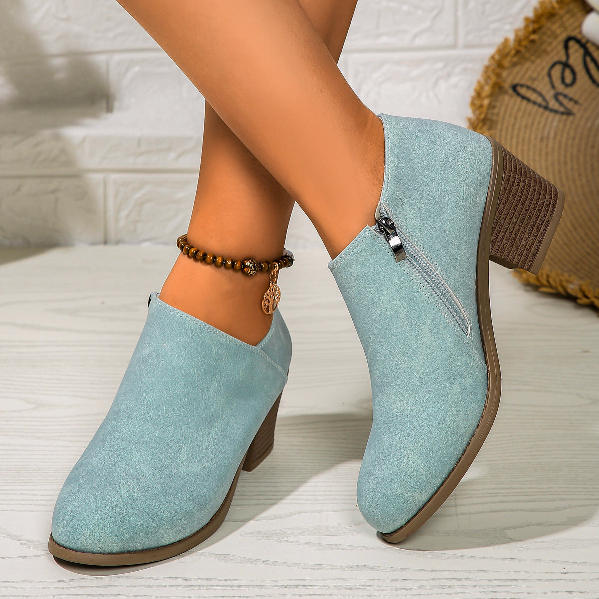 Chunky Heel Round Toe Ankle Boots with Side Zipper Design