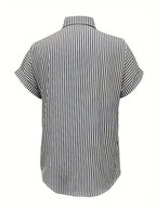 Oversized Short Sleeve Striped Button-Up Blous