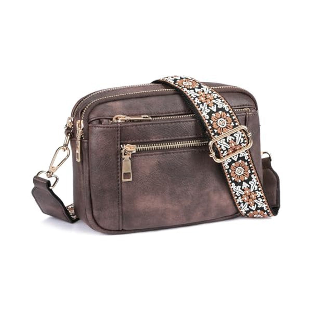 Triple-Zipper Colorblock Crossbody Bag with Floral Embroidered Strap