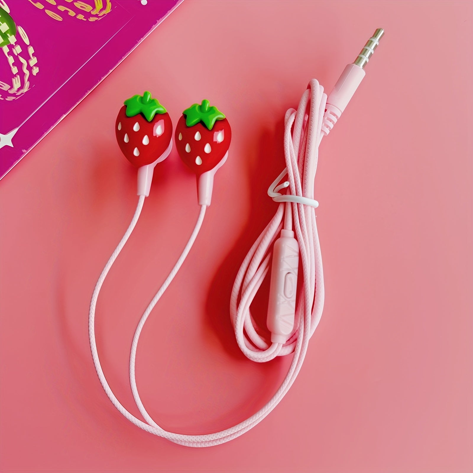 DIY cute strawberry shape pink wired headset,3.5mm socket compatible with all 3.5mm interface equipment,Built-in HD microphone,Stereo high-definition call mobile phone headset, durable round cable,comfortable earplugs,Suitabl