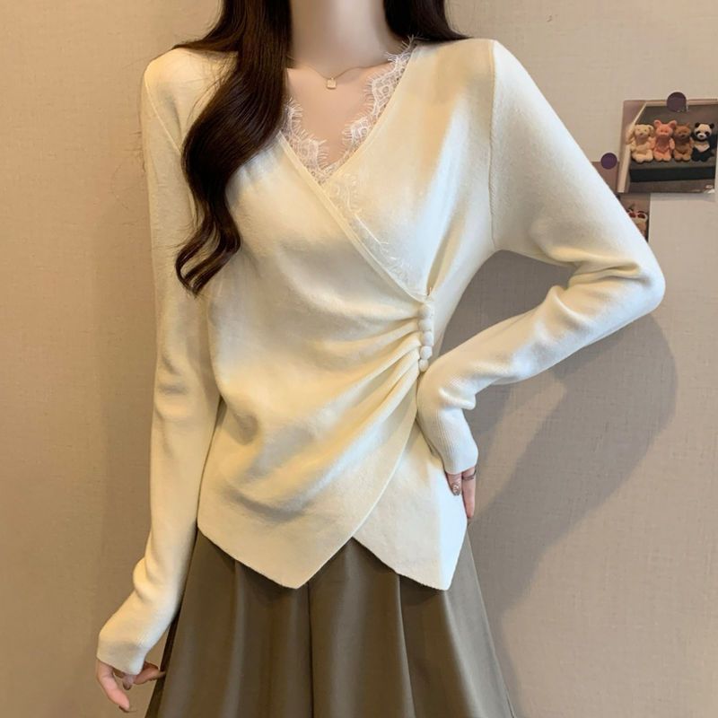 Irregular Cross-feel Lace Spliced V-neck Long Sleeve T-shirt