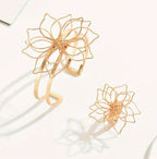 Geometric Lattice Flower Ring and Cuff Bracelet Jewelry Set
