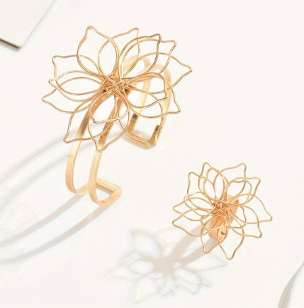 Geometric Lattice Flower Ring and Cuff Bracelet Jewelry Set