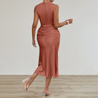 Ruched Satin-Finish Midi Dress
