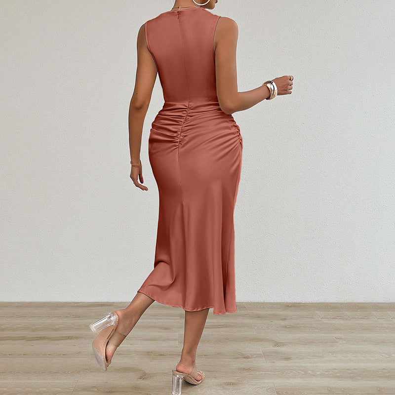 Ruched Satin-Finish Midi Dress