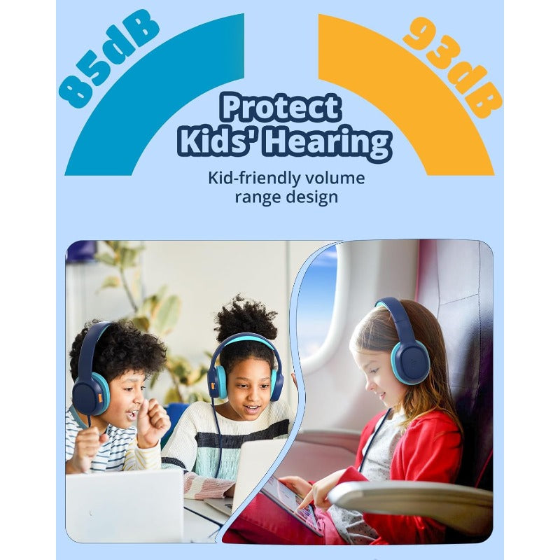 KH01 Blue Headphones for /Teens - Safe Volume Limit (85/93dB), HD Stereo Sound, Foldable Over-Ear Headphones with 3.5mm Plug & Wireless Charging, Compatible with iPad/Kindle/Tablets, Lightweight Durable Plastic Build, Ideal f