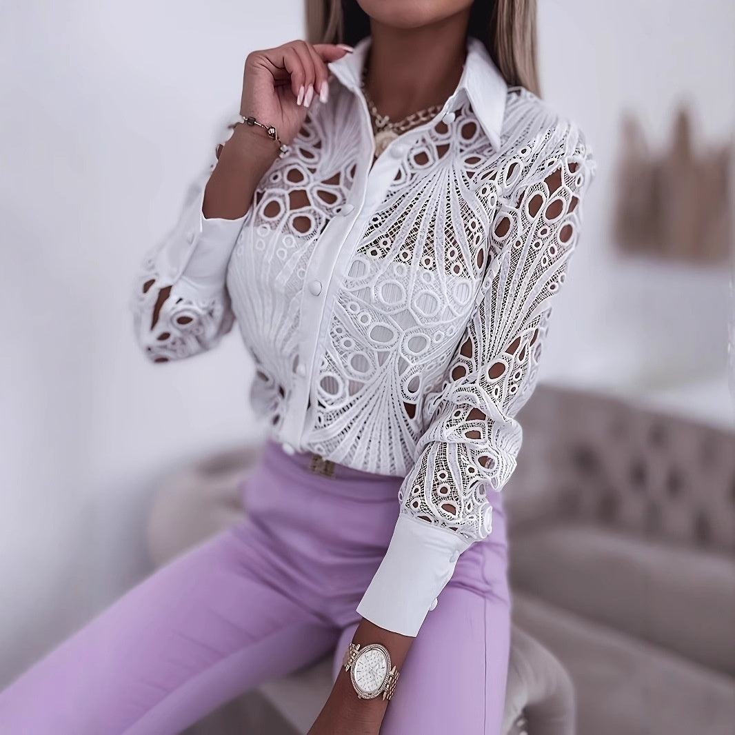 Hollow-Out Lace Button-Down Commuter Shirt