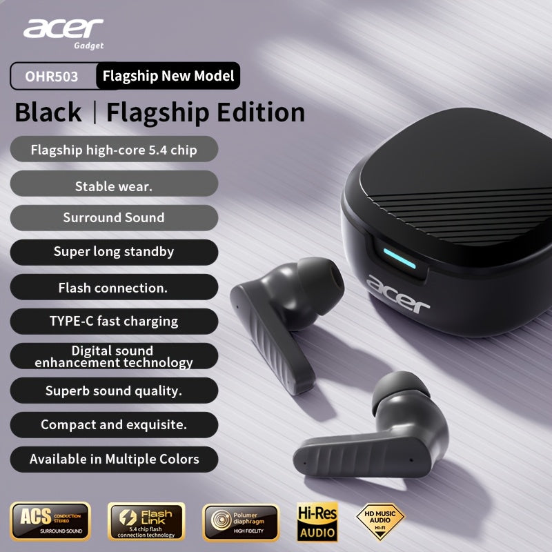 ACER OHR503 Wireless Headphones Offer Extended Standby Time, High-Fidelity Stereo Sound, Smart Noise Cancellation for Calls, Low Latency for Gaming, And a Comfortable Fit Suitable for Travel, Sports, Work, Study