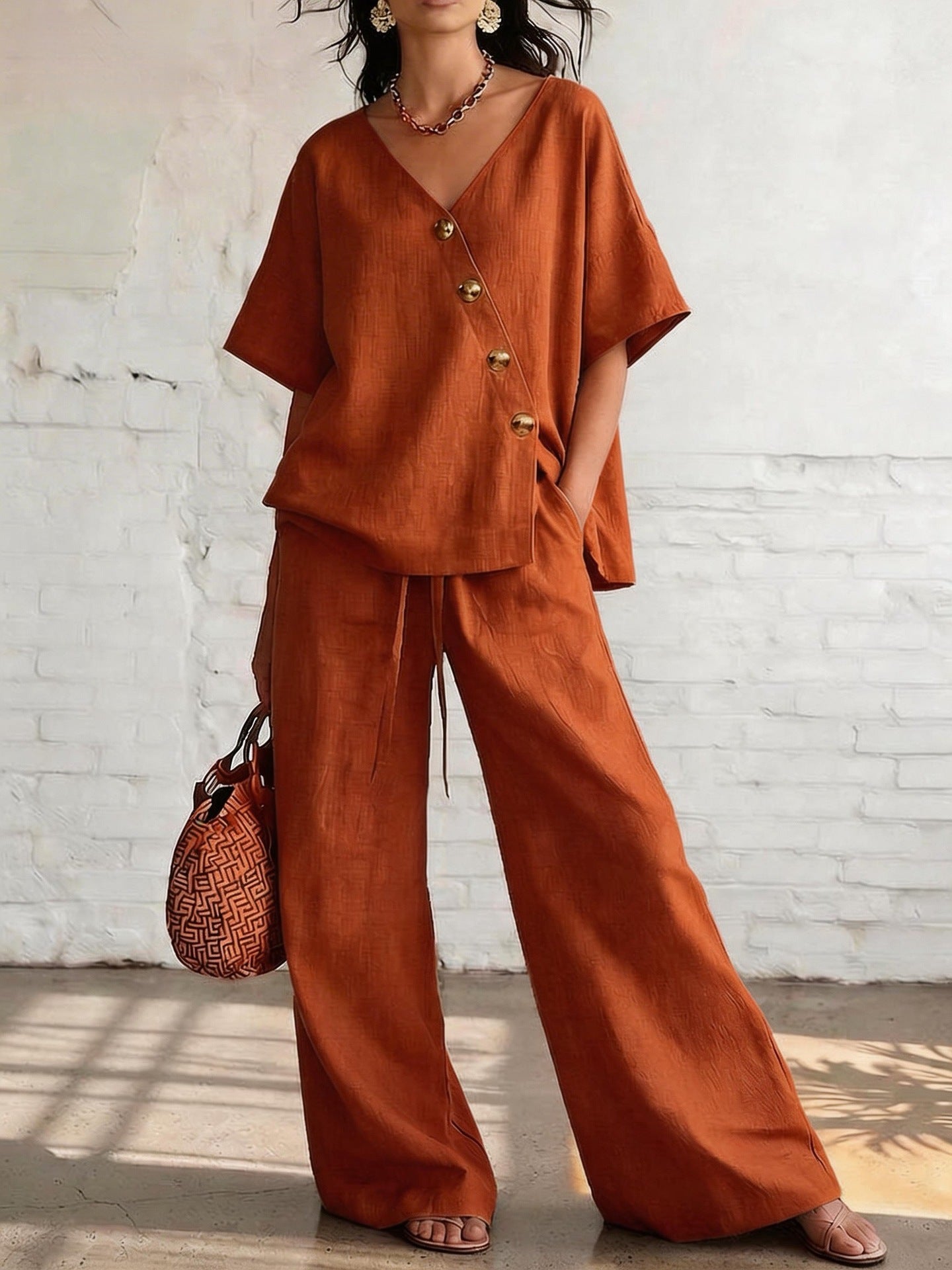 Cotton-Linen V-Neck Wide-Leg Set