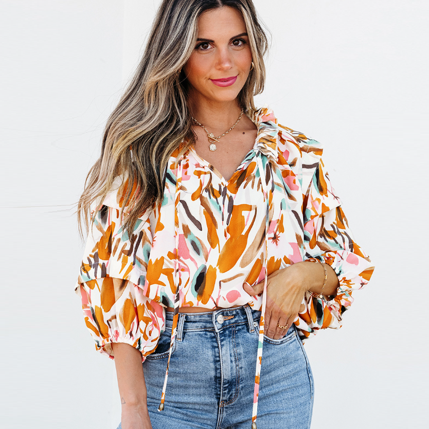 V-Neck Colorblock Printed Chiffon Blouse with Tassel Ties