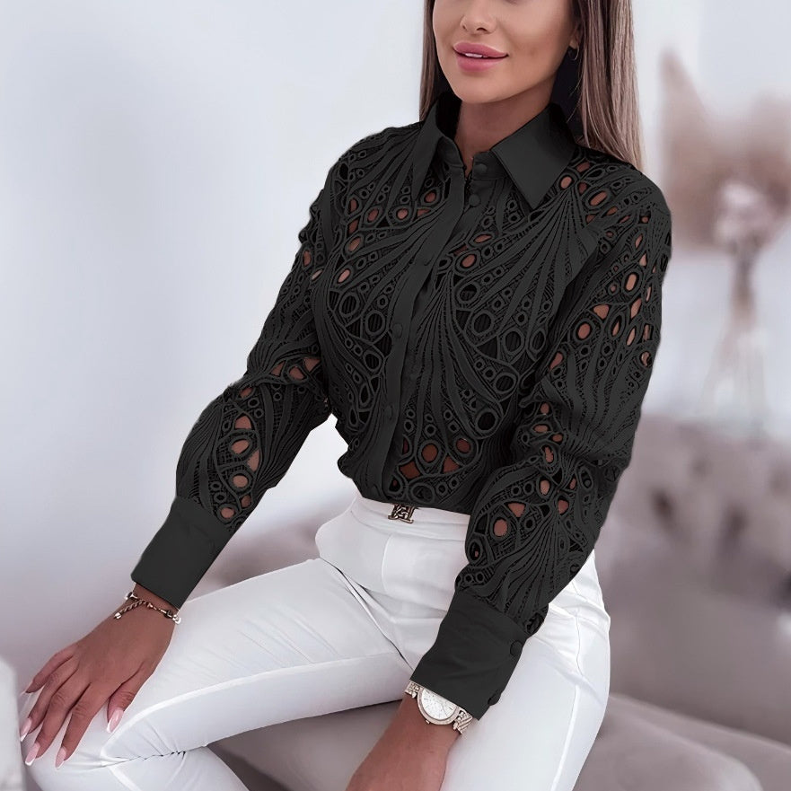 Hollow-Out Lace Button-Down Commuter Shirt