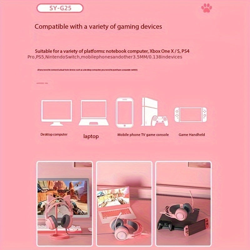 Gaming Headphones with Cat Ears And RGB Lighting - 3.5Mm Wired Over-Ear Headphones Featuring an Omnidirectional Microphone, Noise Cancellation, Volume Control, Compatible with PS4, PS5, Xbox, PC, Switch - Anime Animal Theme,