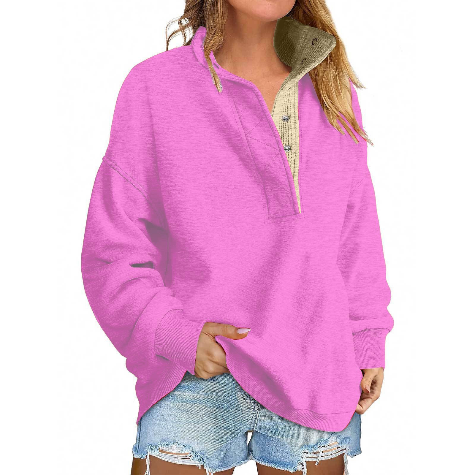 Floral Accent Buttoned Stand-Collar Pullover