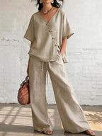Cotton-Linen V-Neck Wide-Leg Set