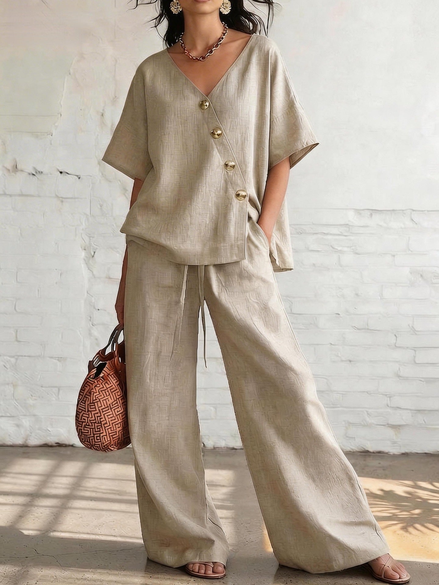 Cotton-Linen V-Neck Wide-Leg Set