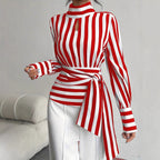 Vintage Scarf-Neck Striped Blouse with Waist Tie