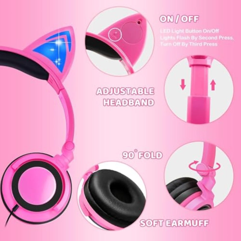 Aputue Cat Ear Headphones with LED Light Up Kitten Ears, Wired Headset with 85dB Volume Limiter, Adjustable Kitty Ear Earphones for Girls & Boys, Compatible for Tablet, PC, Smartphone