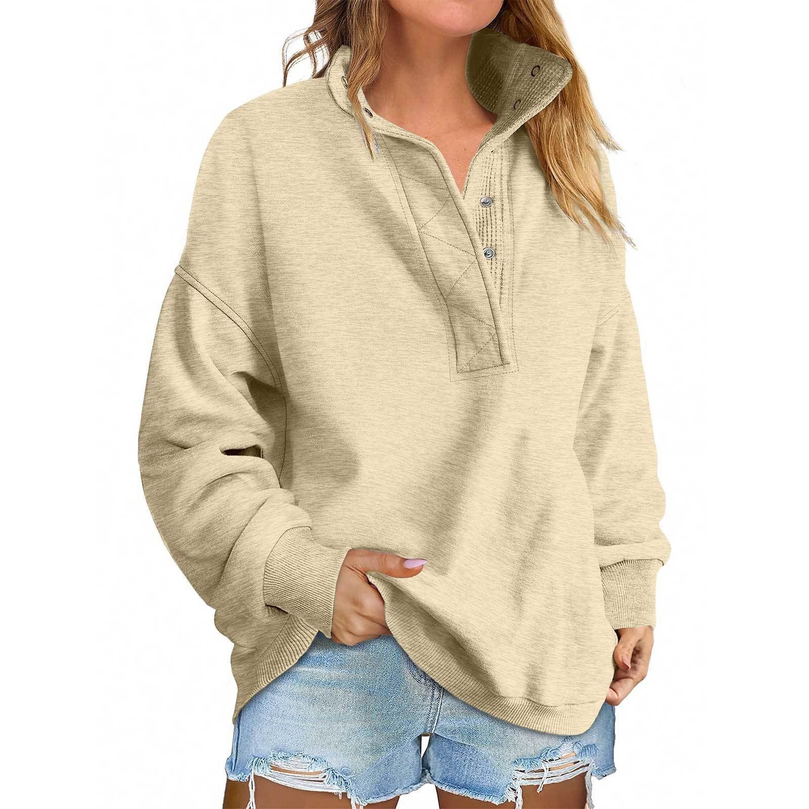 Floral Accent Buttoned Stand-Collar Pullover