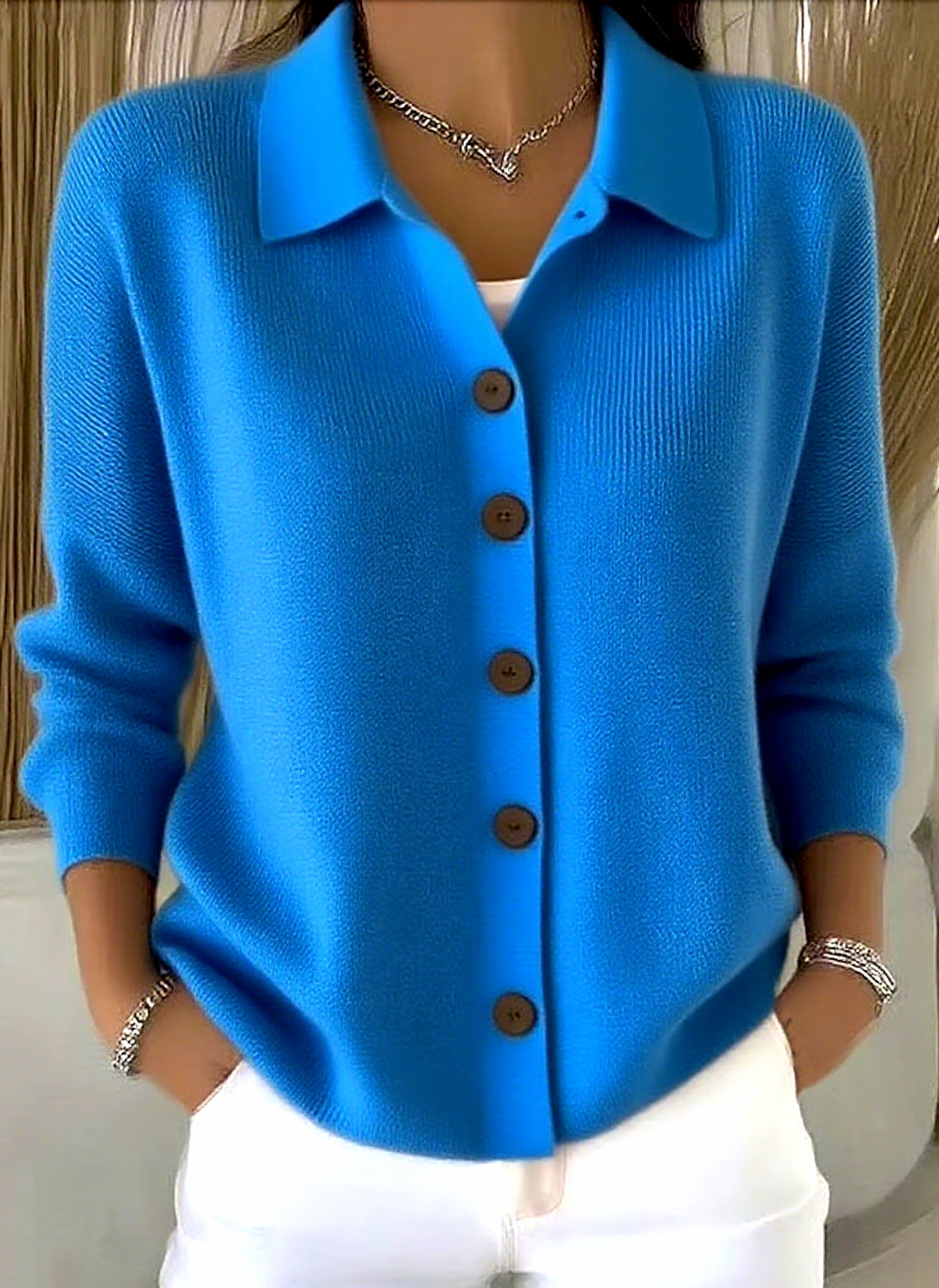 Button-Front Lapel Sweater Cardigan