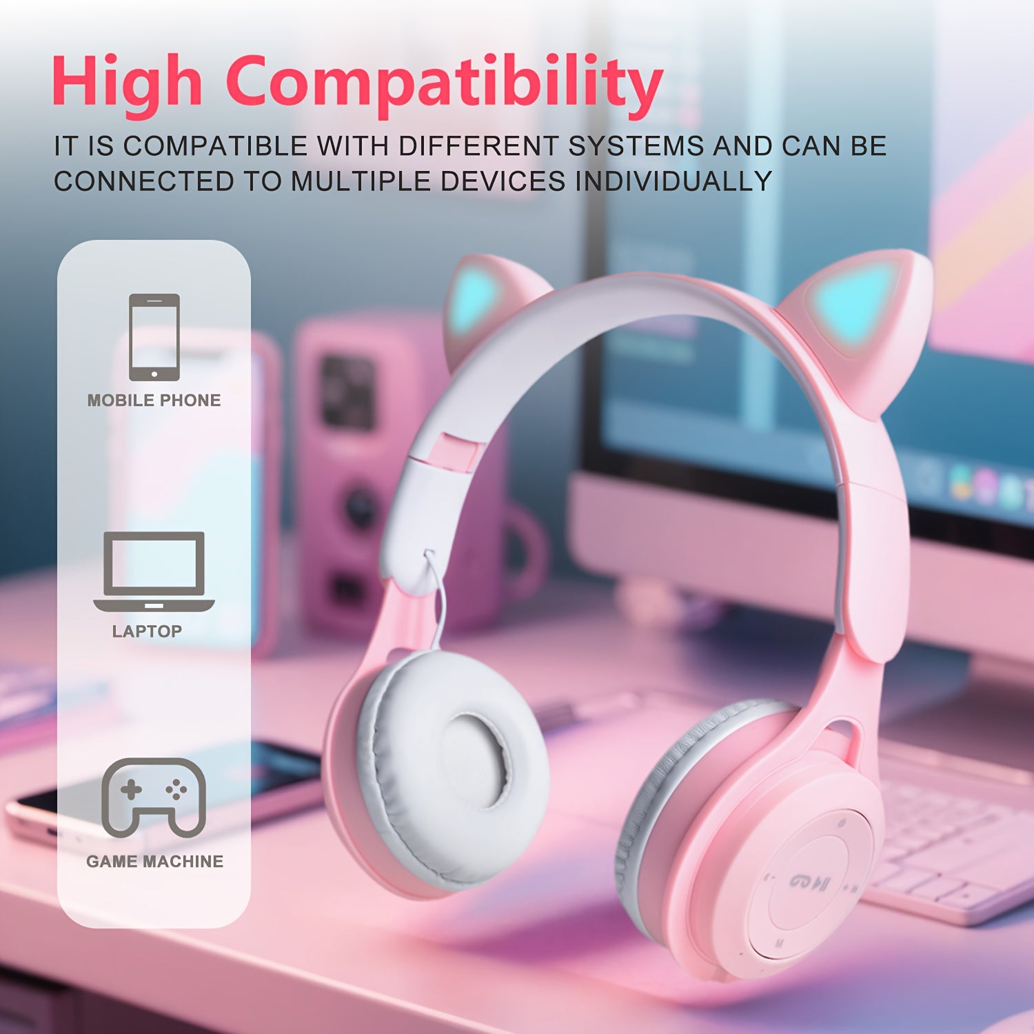 Cat's Ears (Steamed Cat-ear Shaped Bread) Headset Gradient LED Light Cat's Ear Retractable Cute Gift Wireless Headset. Valentines'Gift, Gift for Him.