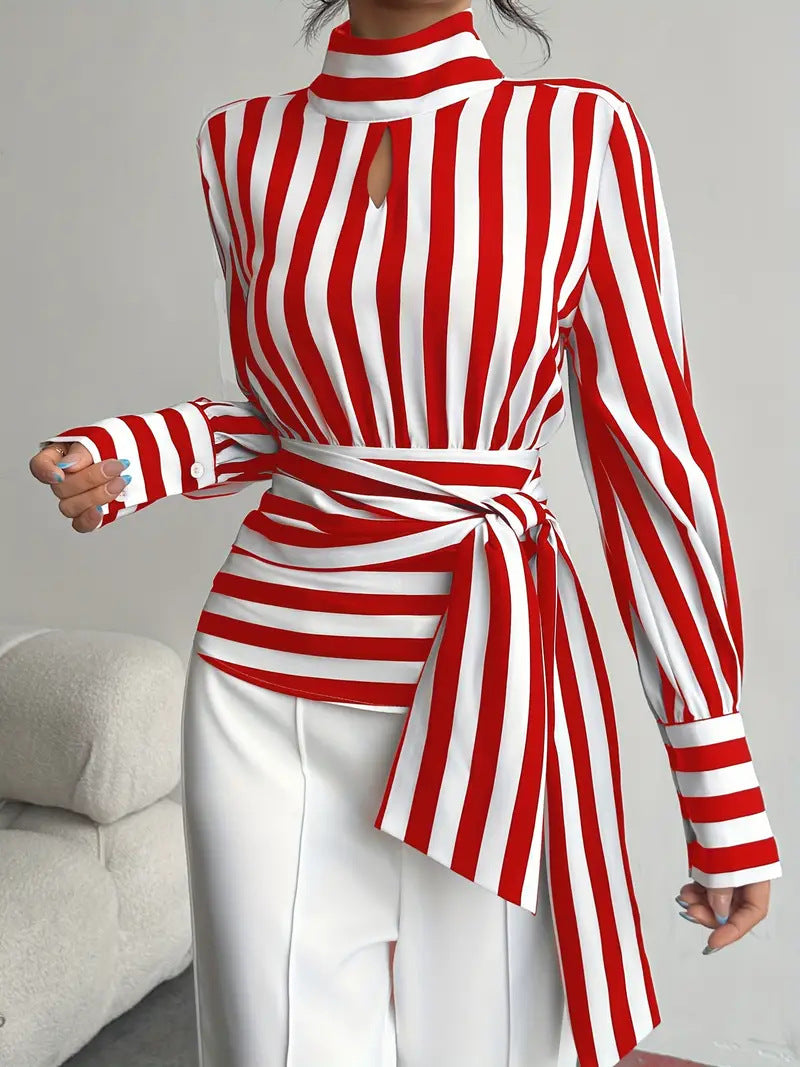 Vintage Scarf-Neck Striped Blouse with Waist Tie