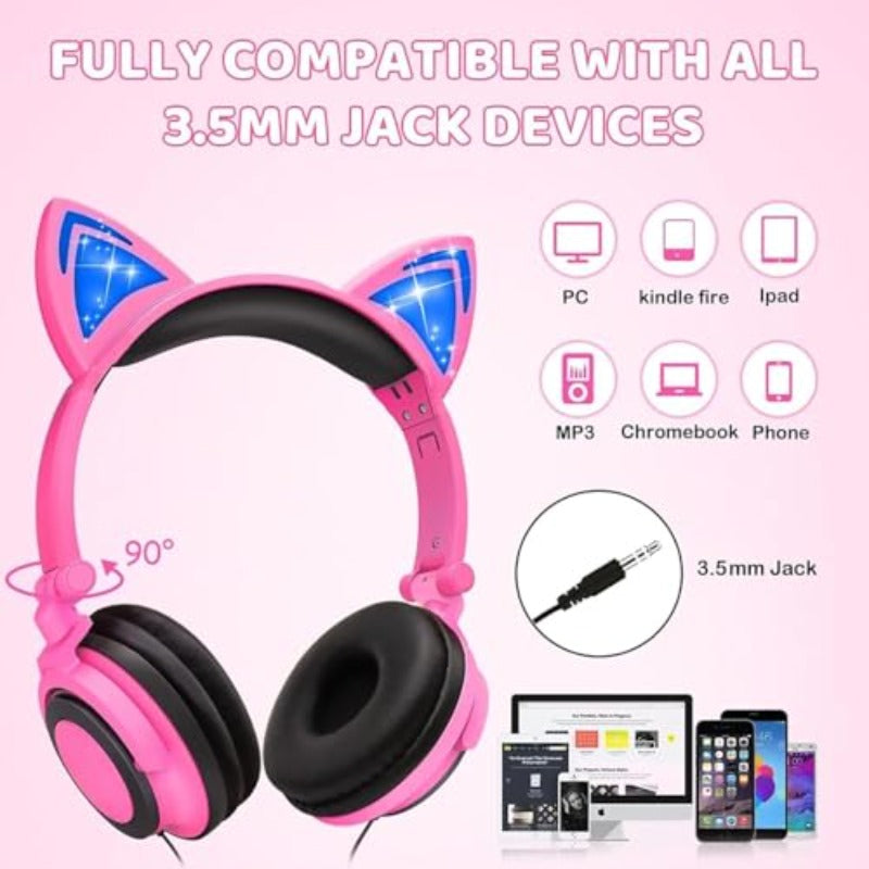 Aputue Cat Ear Headphones with LED Light Up Kitten Ears, Wired Headset with 85dB Volume Limiter, Adjustable Kitty Ear Earphones for Girls & Boys, Compatible for Tablet, PC, Smartphone
