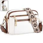 Triple-Zipper Colorblock Crossbody Bag with Floral Embroidered Strap