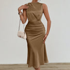 Ruched Satin-Finish Midi Dress