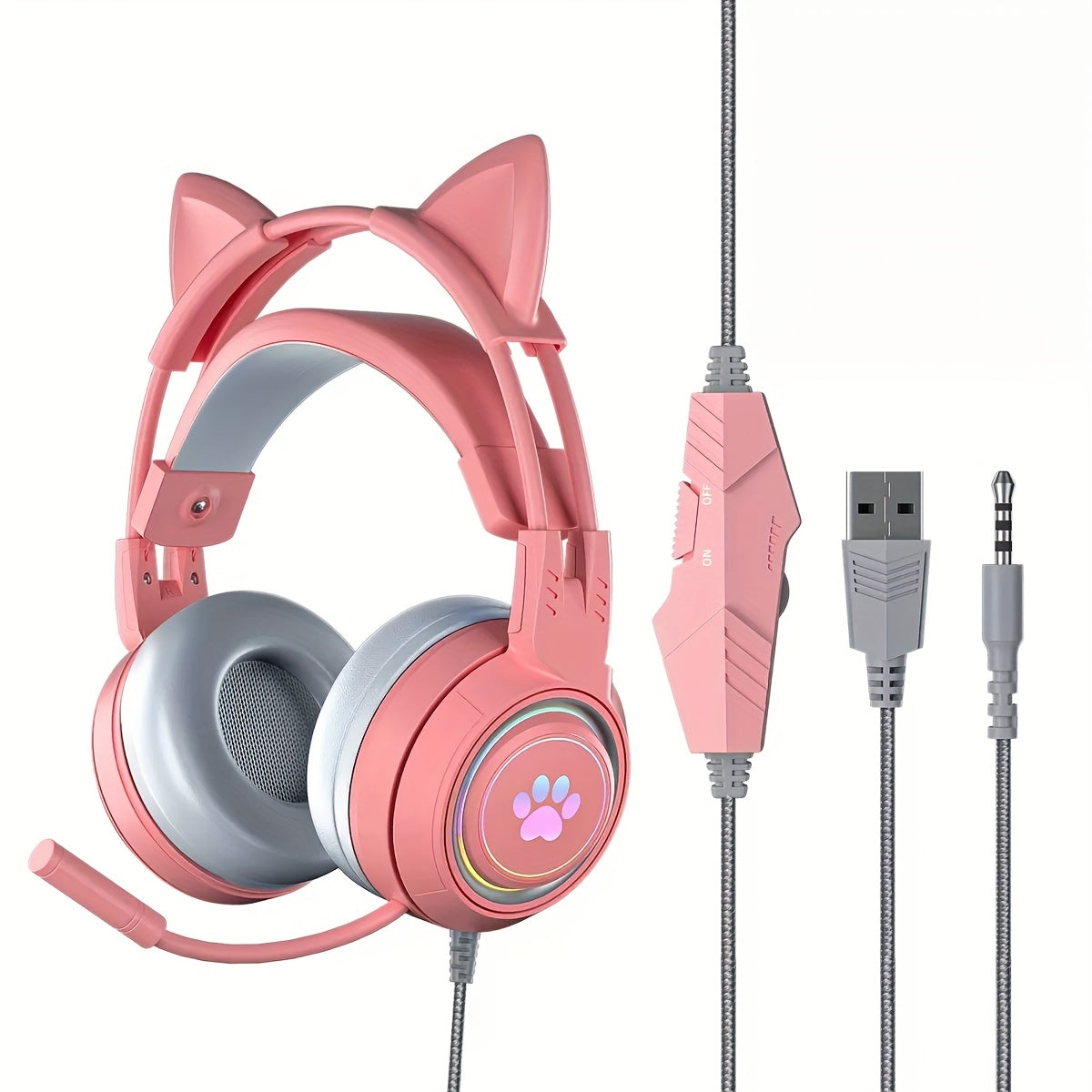 Gaming Headphones with Cat Ears And RGB Lighting - 3.5Mm Wired Over-Ear Headphones Featuring an Omnidirectional Microphone, Noise Cancellation, Volume Control, Compatible with PS4, PS5, Xbox, PC, Switch - Anime Animal Theme,