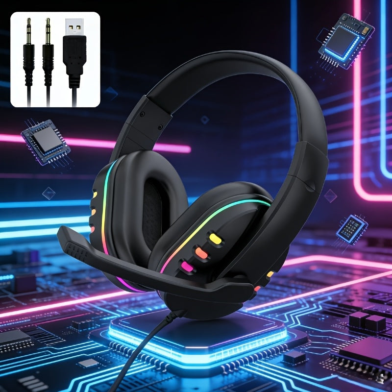 Wired Over-Ear Headphones with LED Lighting, Gaming Headset with Noise-Isolating Ear Cushions, 3.5mm Jack, Broadcast-Grade Microphone, Volume Control, Suitable for PC, Laptop, Gaming, and Office Use