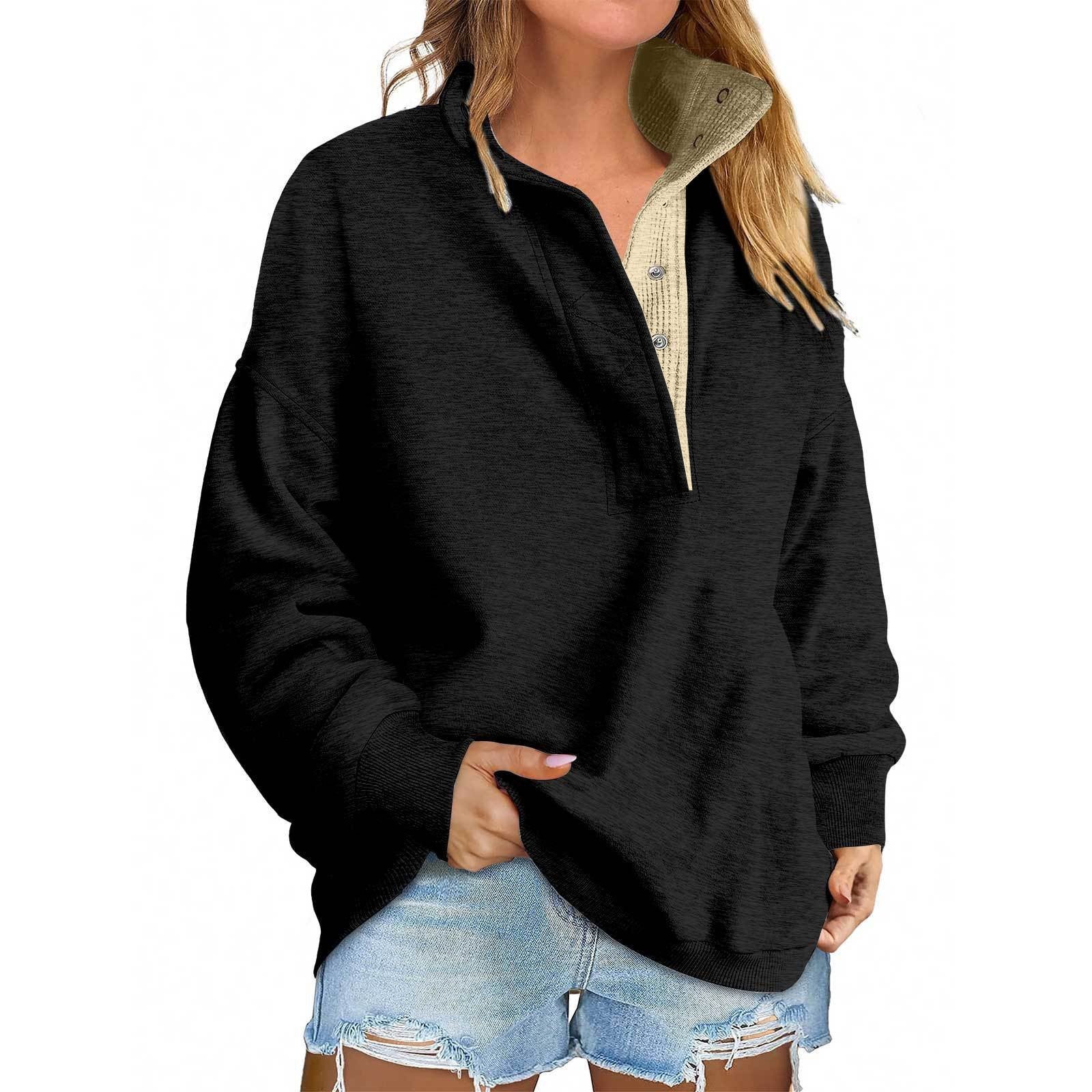 Floral Accent Buttoned Stand-Collar Pullover