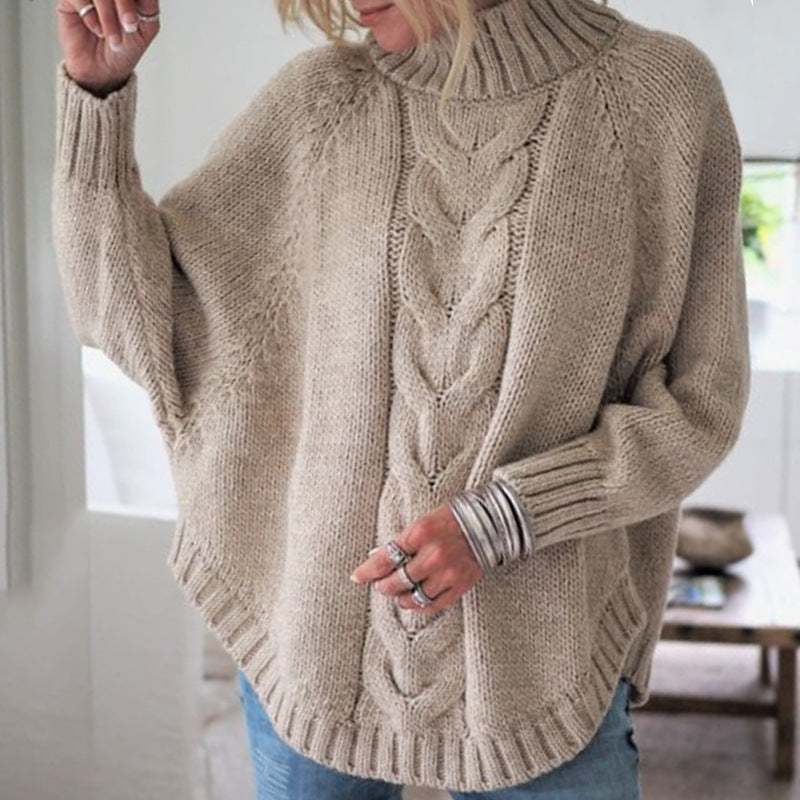 High-Collar Cable Knit Batwing Sweater