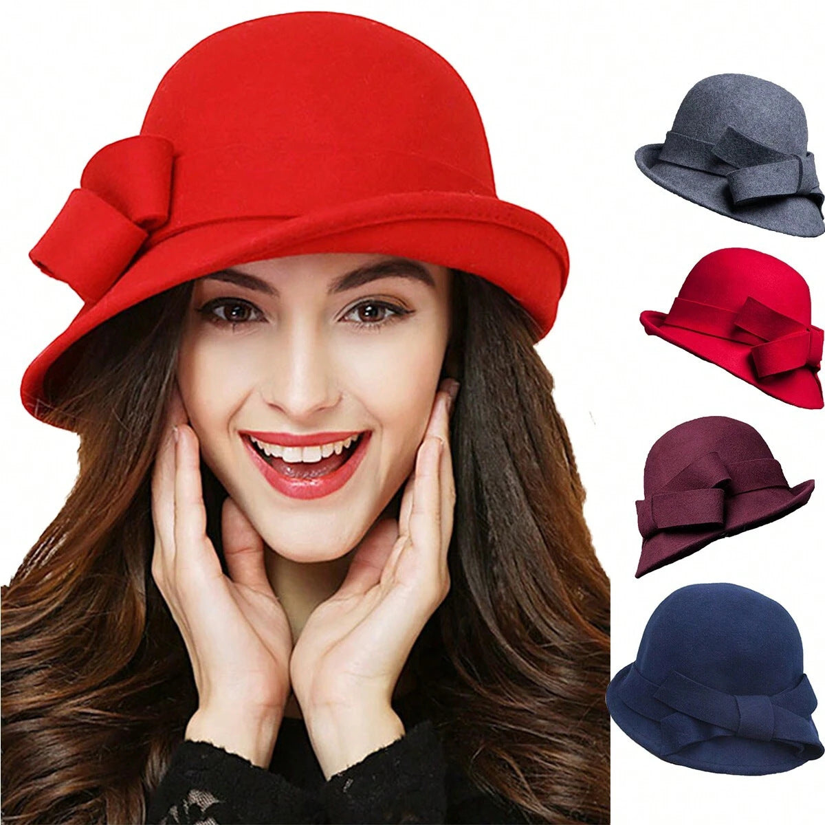 French-Style Elegant Retro Woolen Bowler Hat Curling Bow