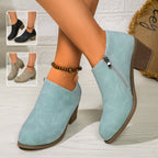Chunky Heel Round Toe Ankle Boots with Side Zipper Design