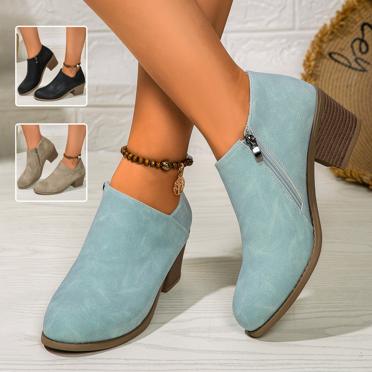 Chunky Heel Round Toe Ankle Boots with Side Zipper Design