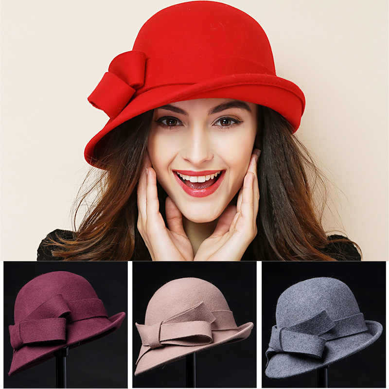 French-Style Elegant Retro Woolen Bowler Hat Curling Bow