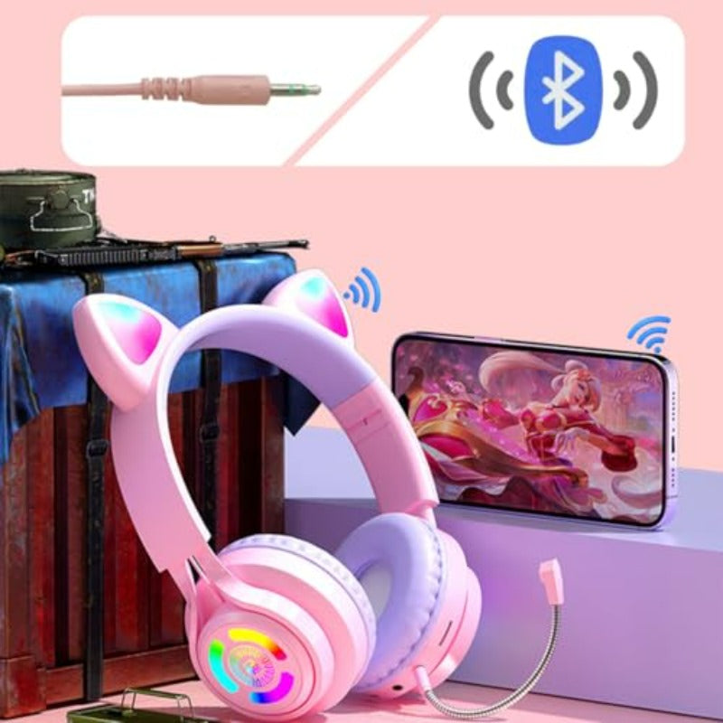 Cat Ear Gaming Headphones Wireless Bluetooth V5. 3 LED Lights Pink and Purple with Microphone