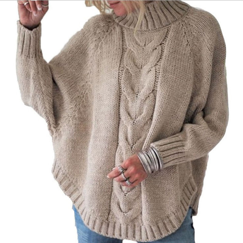 High-Collar Cable Knit Batwing Sweater
