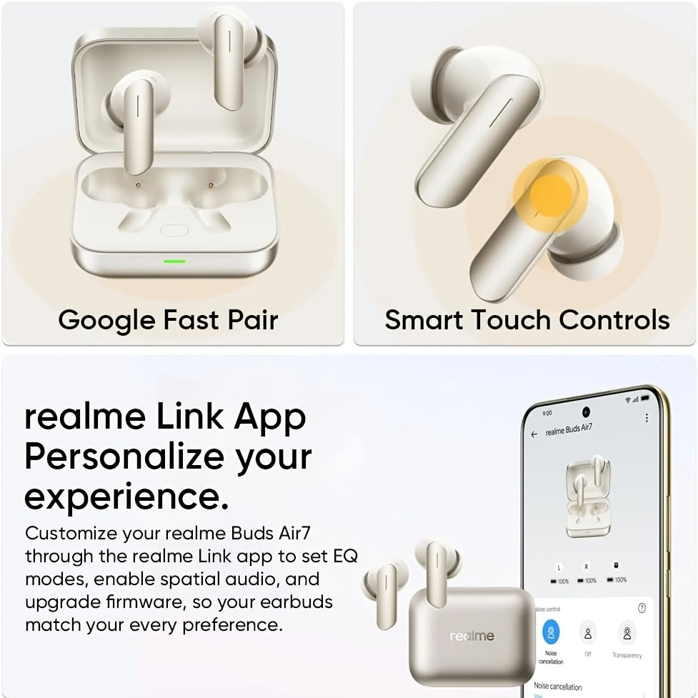 realme Buds Air 7 True Wireless Earphones, 12.4mm Mega Titanium Bass Driver, 52dB Intelligent ANC, Hi-Res & LHDC 5.0 Audio, Up to 52 Hours Autonomy, 360° Space Sound, Dual Device Connection, 6 Microphones, BLE 5.4, Noise Can
